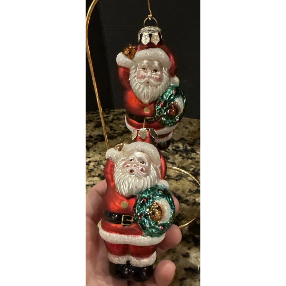 Santa Claus Glass Christmas Holiday Tree Ornaments Set Of 2 Wreath Vintage